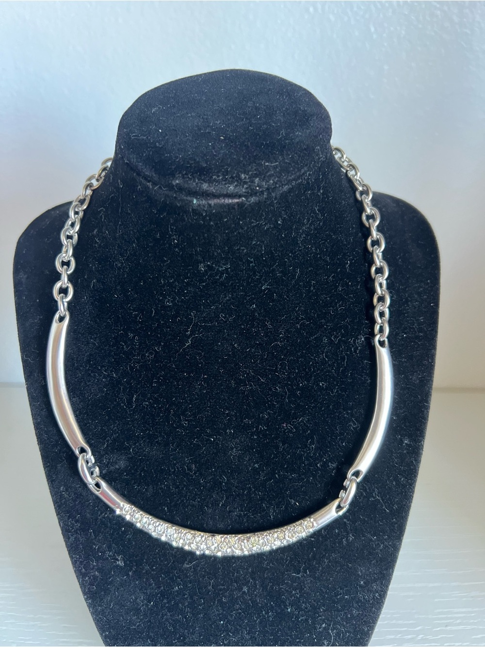 Yves Saint Laurent Silver Crystal Curved Collar Necklace